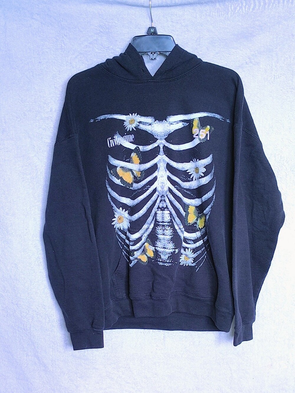 Black Women's Hoodie with Rib Cage, Daisy & Butterfly Graphic